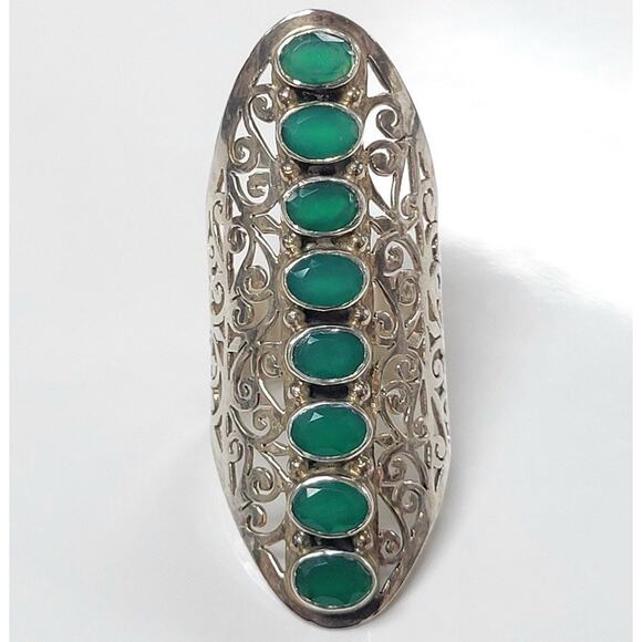 NWT Sterling Silver Ornate Green Onyx Filigree Scroll Finger Ring Size 8 NEW - Picture 1 of 10